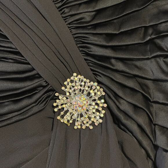 Vintage Y2K Tadashi Silk Evening Gown 12 Rhinestone Brooch V Neck Ruched Dress - Picture 6 of 12